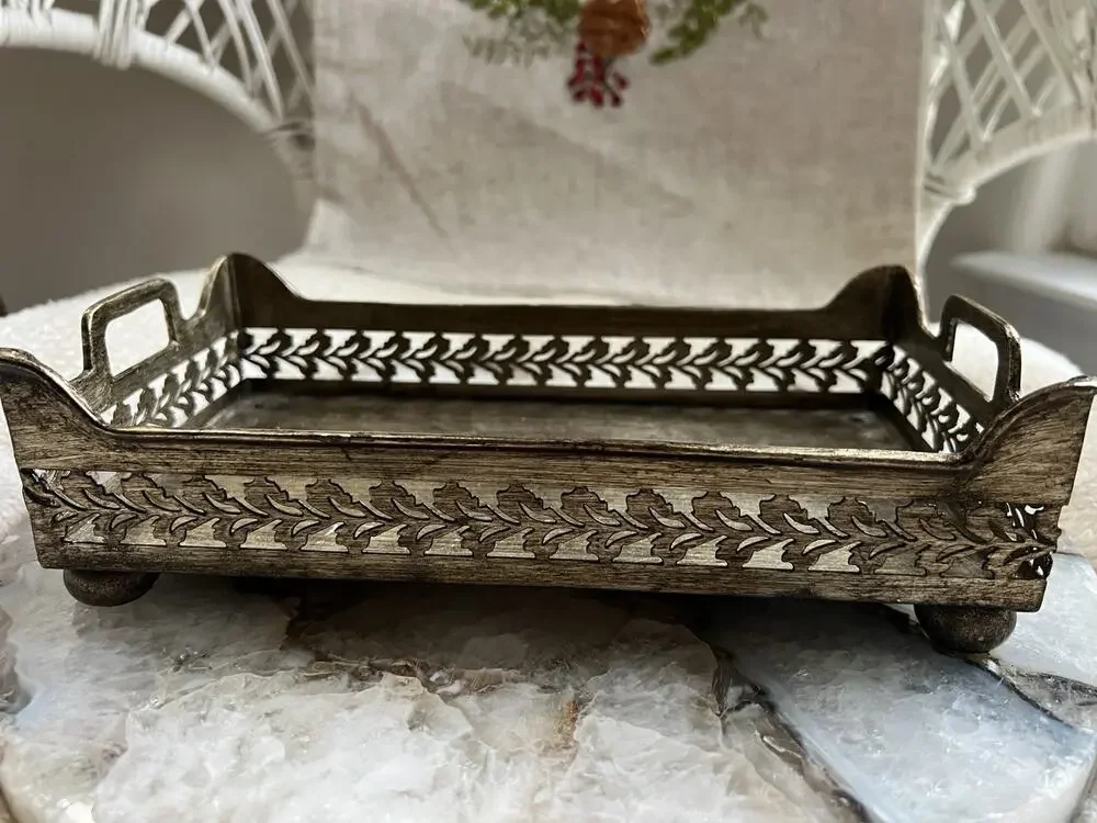 Vintage Antique Pewter Finish Decorative Vanity Serving Tray Pierced Gallery 9x5